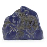 Large Chinese lapis lazuli style fragment depicting figures before pagodas amongst mountains :For