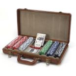 Good quality brown leather poker set with suede interior, 23cm H x 41cm W x 7cm D :For Further