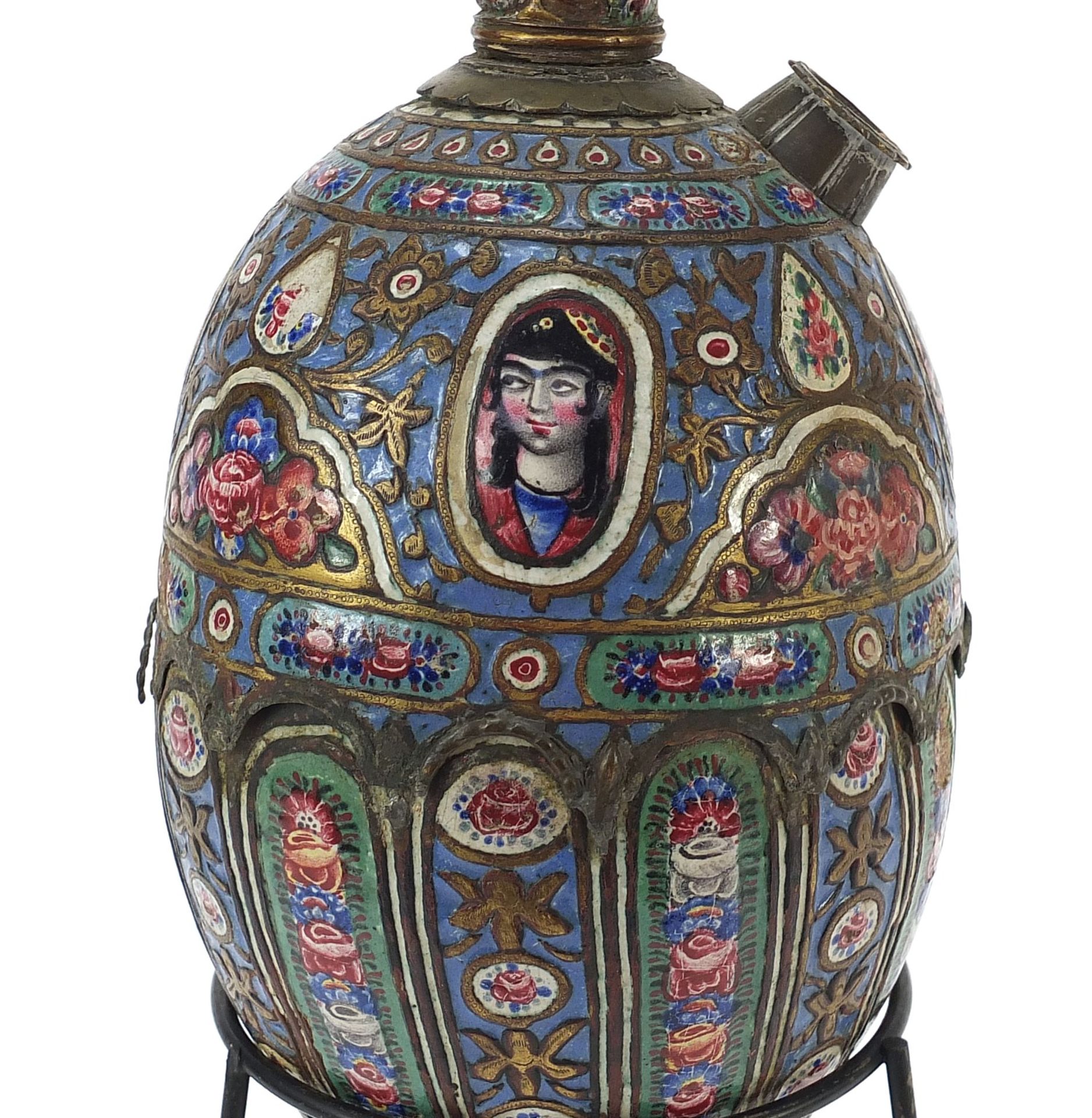 19th century Persian Qajar enamelled hookah on stand with mouthpiece and pear shaped reservoir, - Image 7 of 11