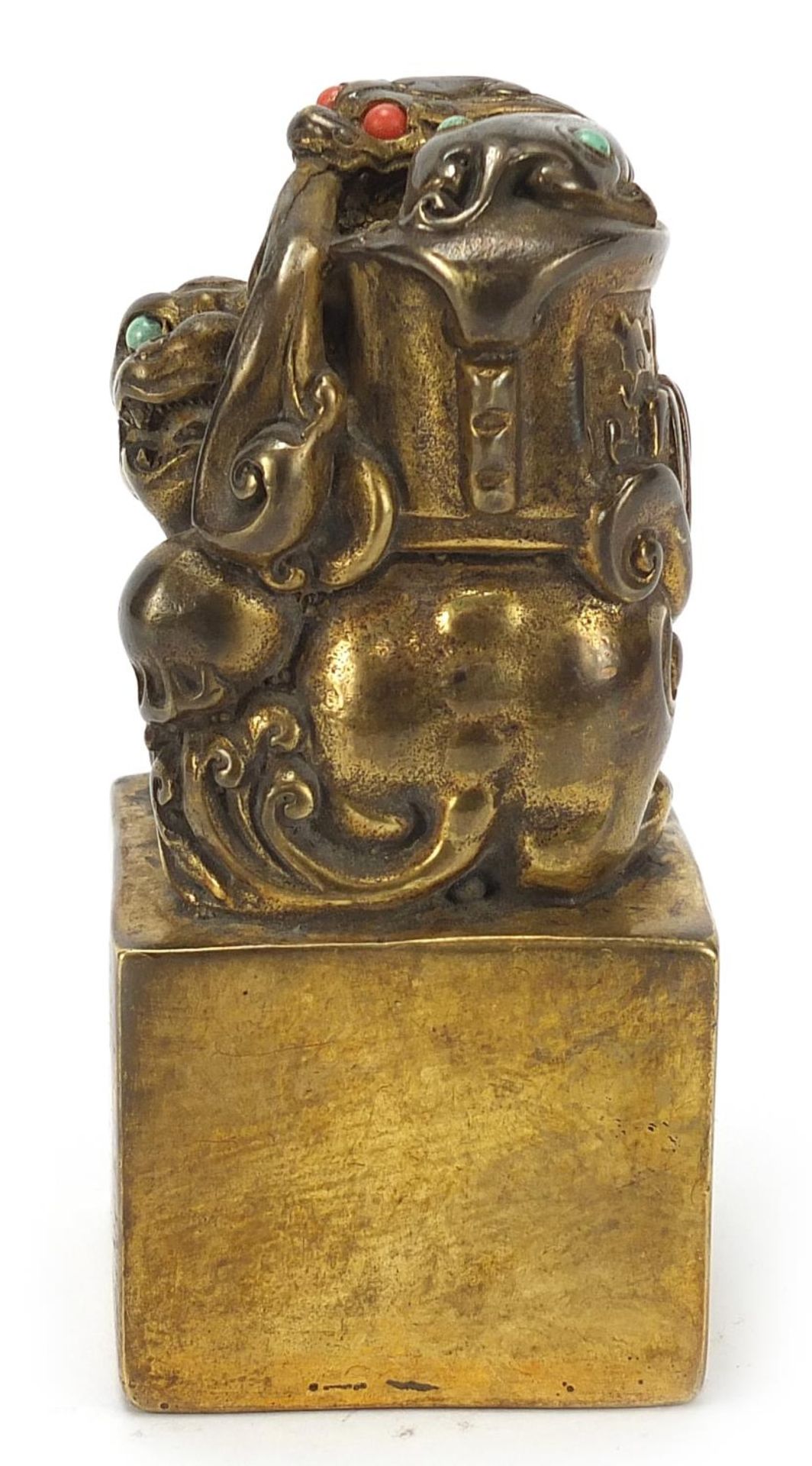 Chinese patinated bronze dog of Foo seal set with turquoise and coral coloured stones, 12cm high : - Image 5 of 7