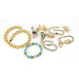 Vintage and later jewellery including bracelets set with clear stones, jewelled and enamel animal