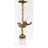 Gilt bronze cherub light fitting with cut glass drops, 32cm in length :For Further Condition Reports