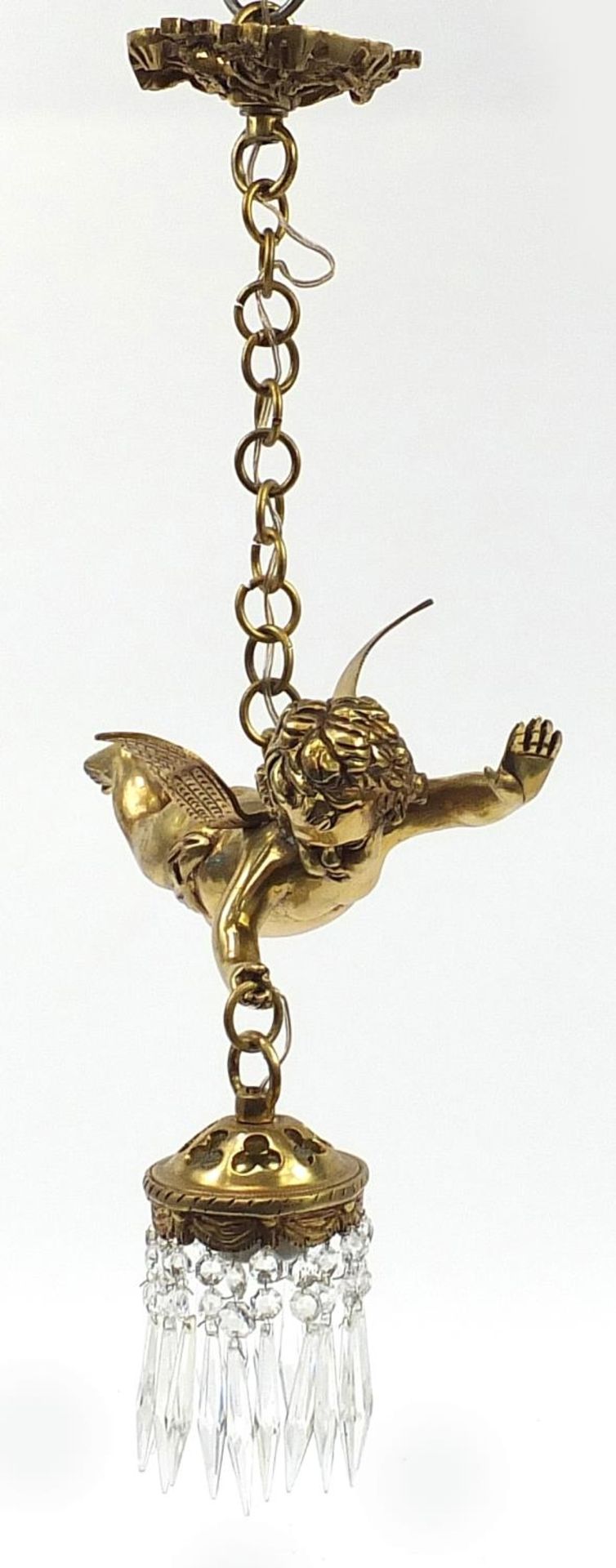 Gilt bronze cherub light fitting with cut glass drops, 32cm in length :For Further Condition Reports