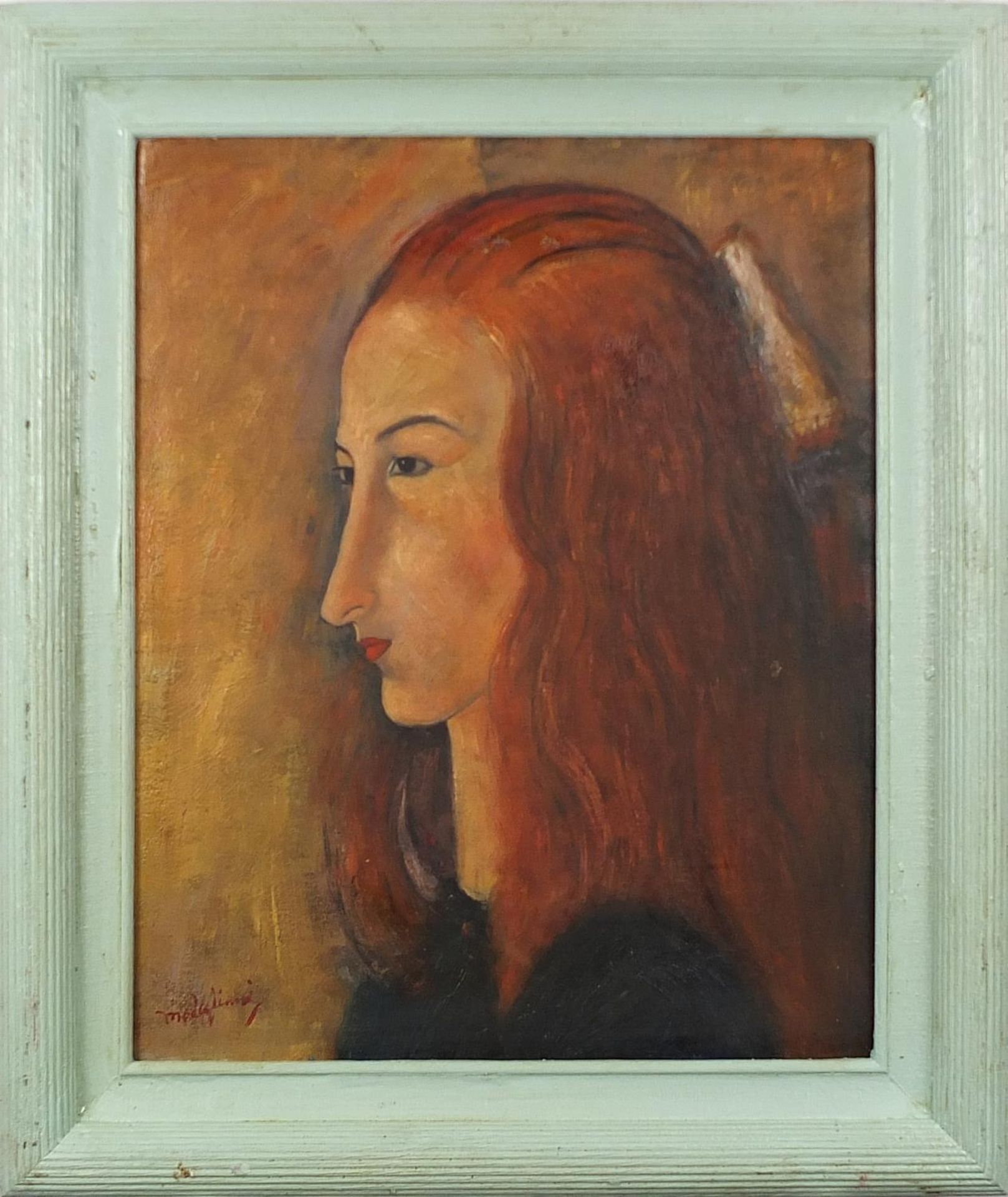 Head and shoulders side profile portrait of a young lady, Italian school oil on board, mounted and - Image 2 of 5