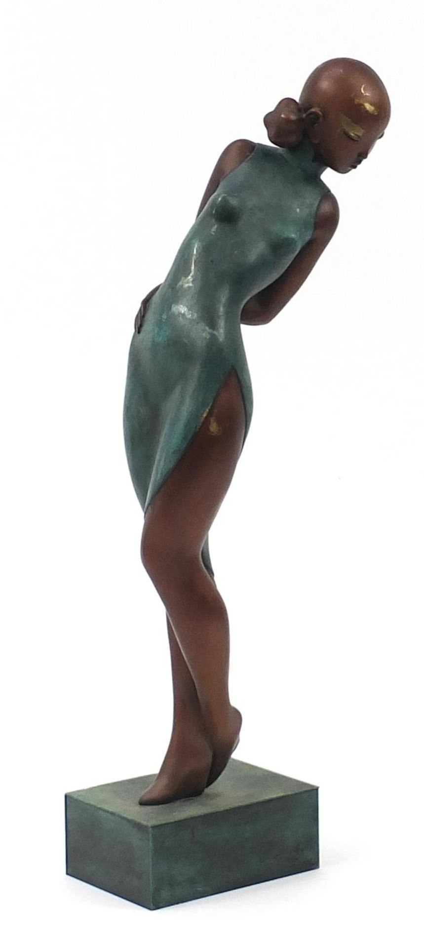 Large Mid century design patinated bronze figure of a female raised on a plinth base, 64cm high :For