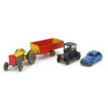 Antique and later tinplate toys comprising a Schuco Ford Coupet 1917, Chad Valley Harborme car and a