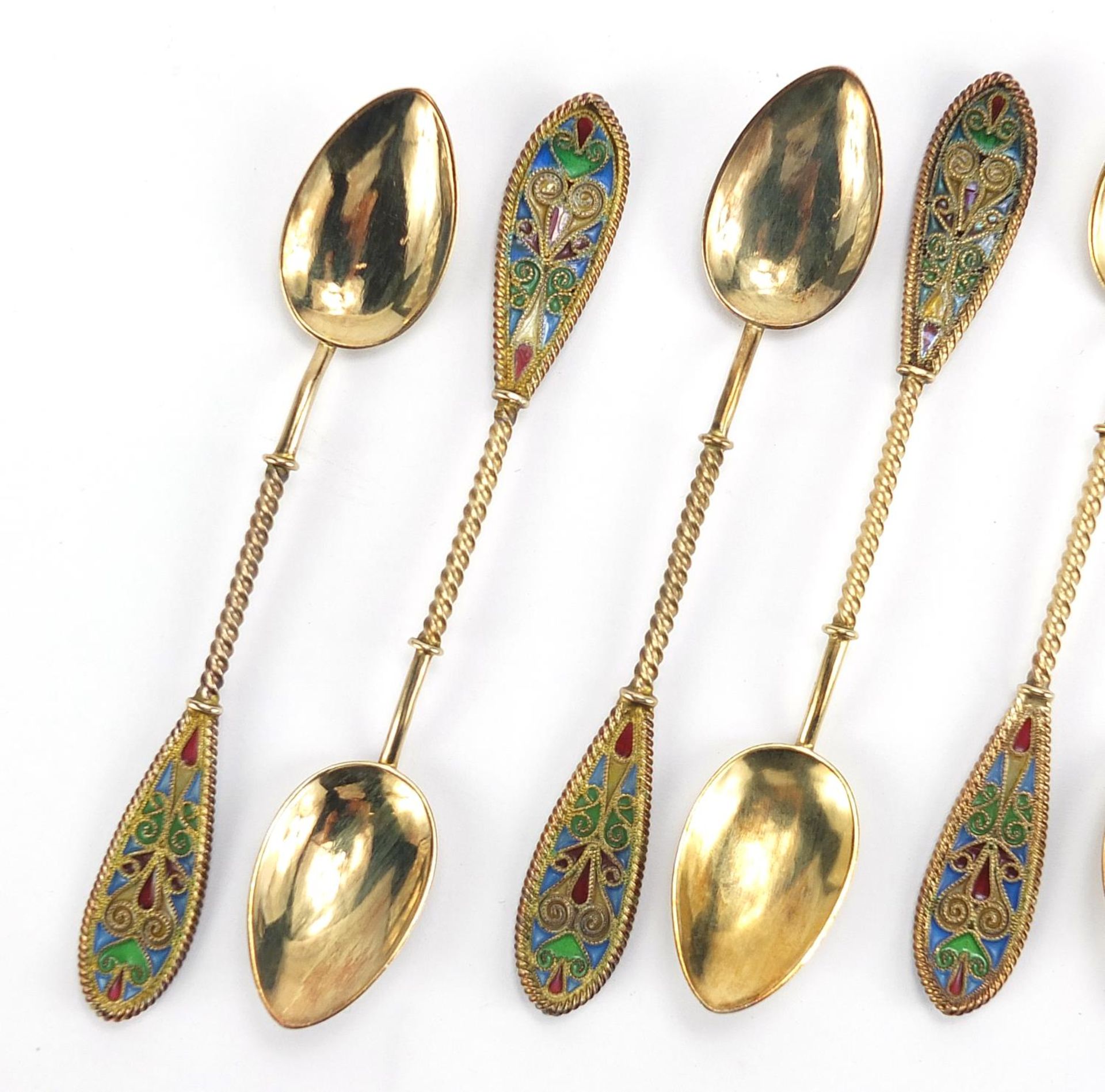 Johan G Kjaerland, set of eight Norwegian silver gilt and plique à jour enamel teaspoons housed in a - Image 2 of 11