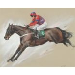 Sarah Aspinall - Jockey on horseback, horseracing scene, pastel, mounted, framed and glazed, 64cm