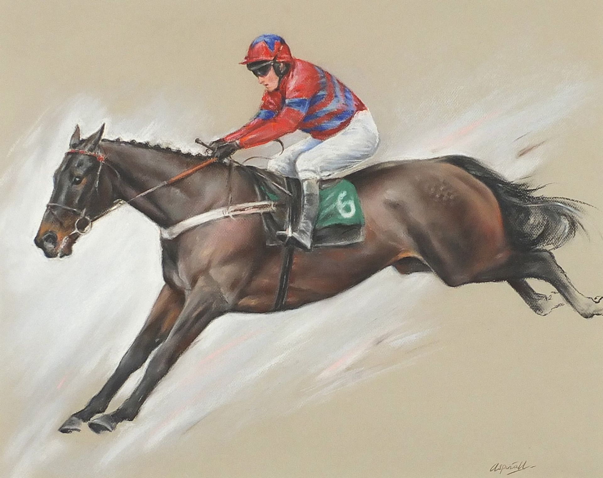 Sarah Aspinall - Jockey on horseback, horseracing scene, pastel, mounted, framed and glazed, 64cm