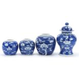Chinese blue and white porcelain hand painted with prunus flowers, comprising a baluster vase with