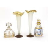 Glassware comprising a pair of vases, an etched decanter and Art Deco perfume bottle, the largest