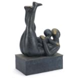 Mid centuruy design patinated bronze sculpture of a mother and child, 33cm high :For Further