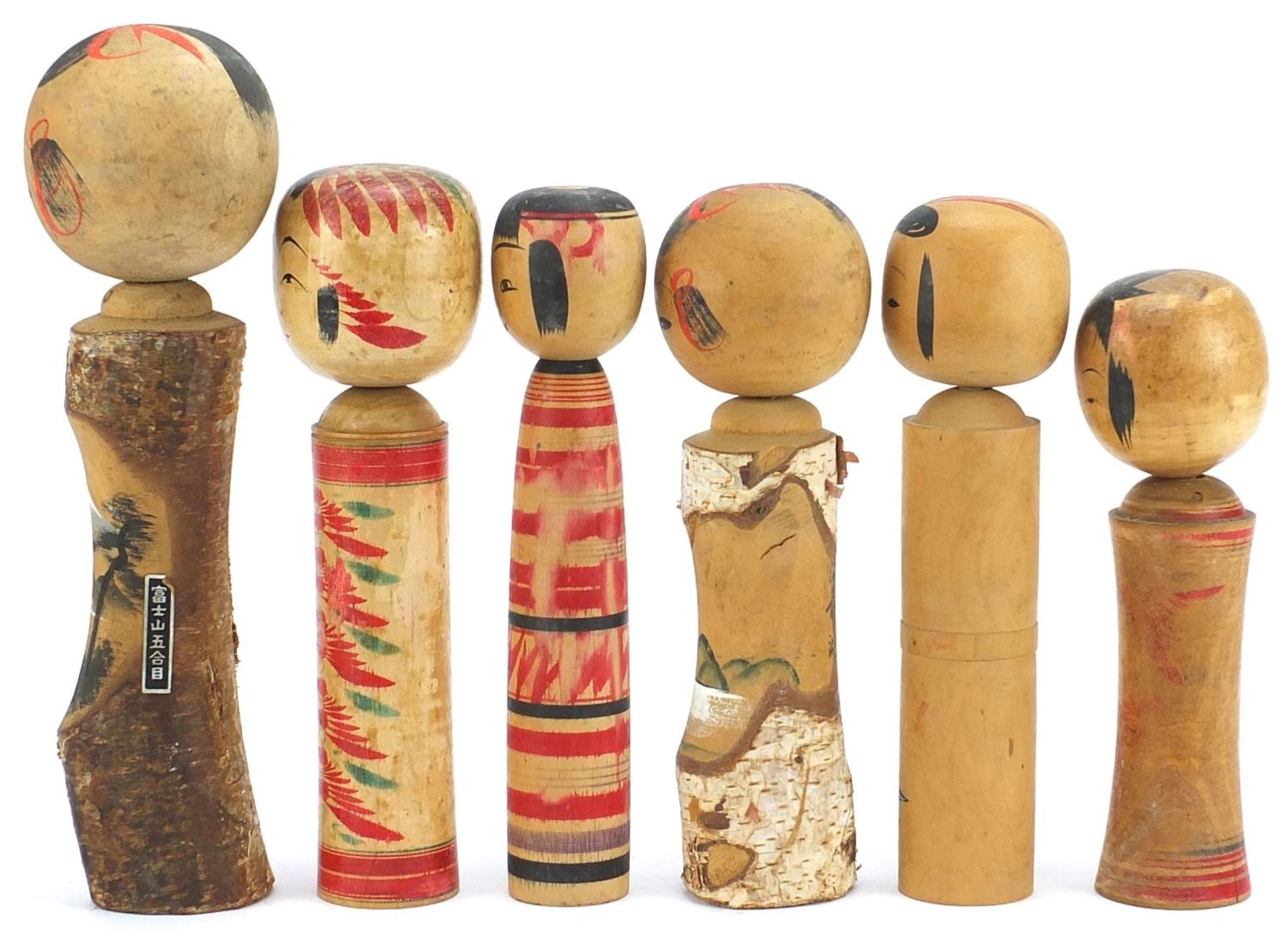 Six Japanese Kokeshi hand painted wood dolls, the largest 29cm high :For Further Condition Reports - Image 2 of 8