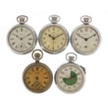 Five vintage and later Ingersoll pocket watches and a stopwatch, the largest 51mm in diameter :For
