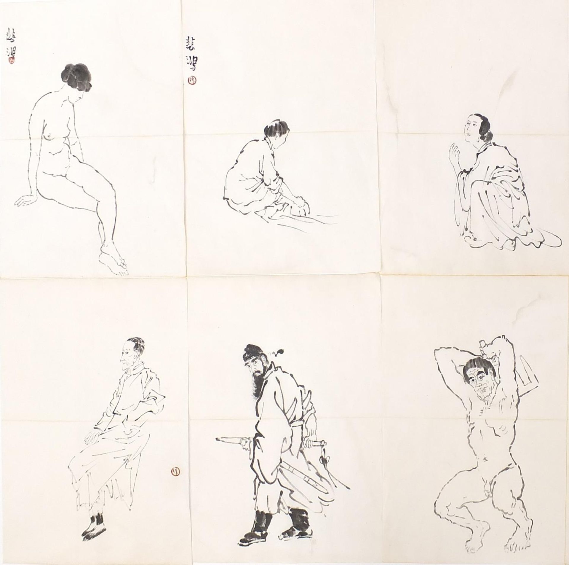 Attributed to Xu Beihong - Figural studies, collection of thirty two Chinese ink drawings, each 42. - Image 3 of 11