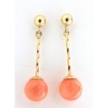 Pair of 9ct gold pink coral drop earrings, 2.8cm high, 1.9g :For Further Condition Reports Please