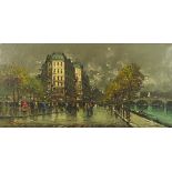 Parisian street scene, oil on canvas, mounted and framed, 80cm x 39.5cm excluding the mount and