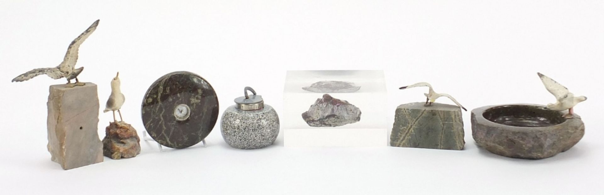 Rocks and hardstones including a serpentine marble compass design paperweight and cold painted