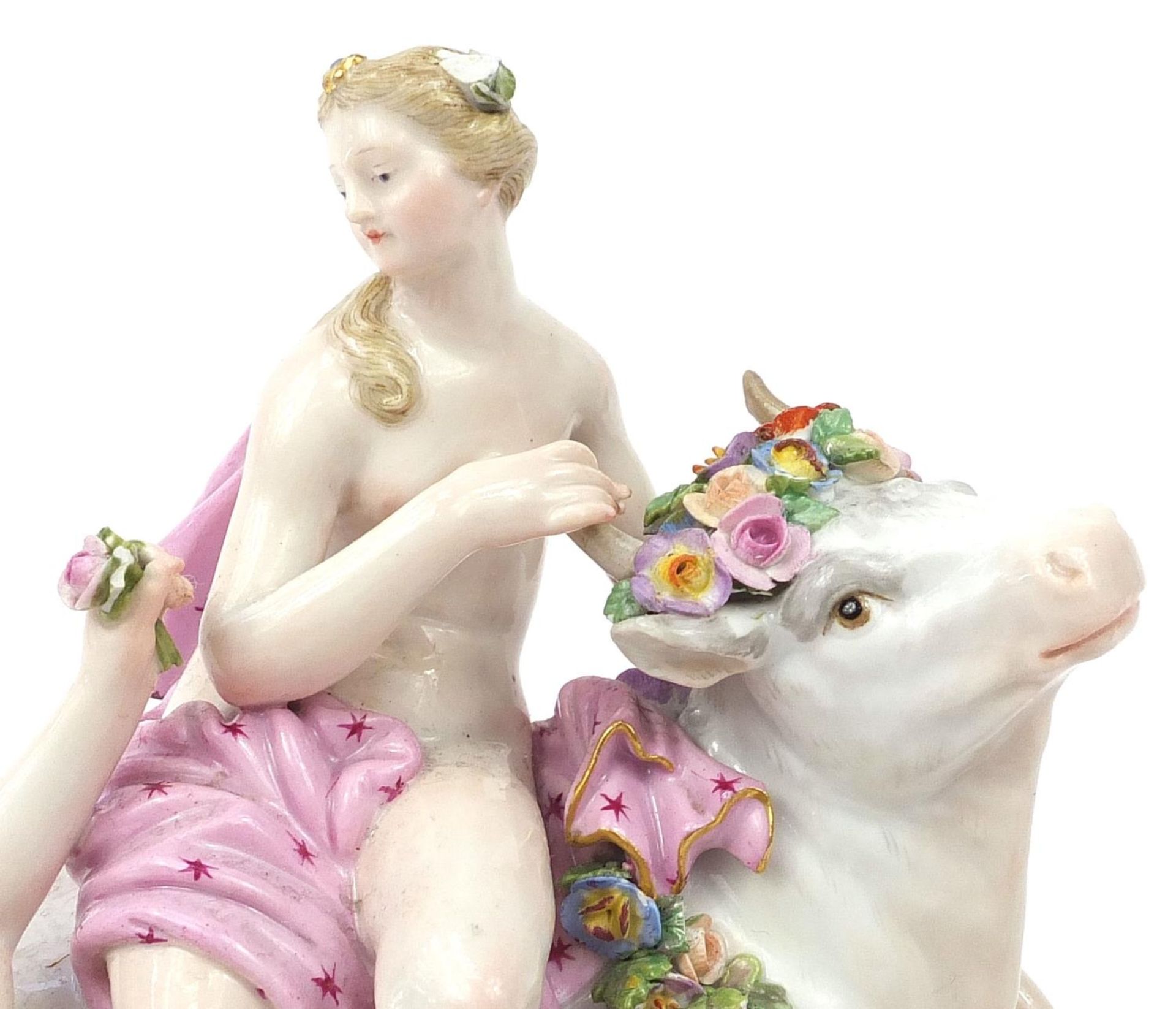 Meissen, 19th century German porcelain figure group of three scantily dressed females and a bull, - Bild 5 aus 5