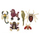 Six jewelled and enamel animal and insect brooches including scorpion, poodle, parrot and frog,