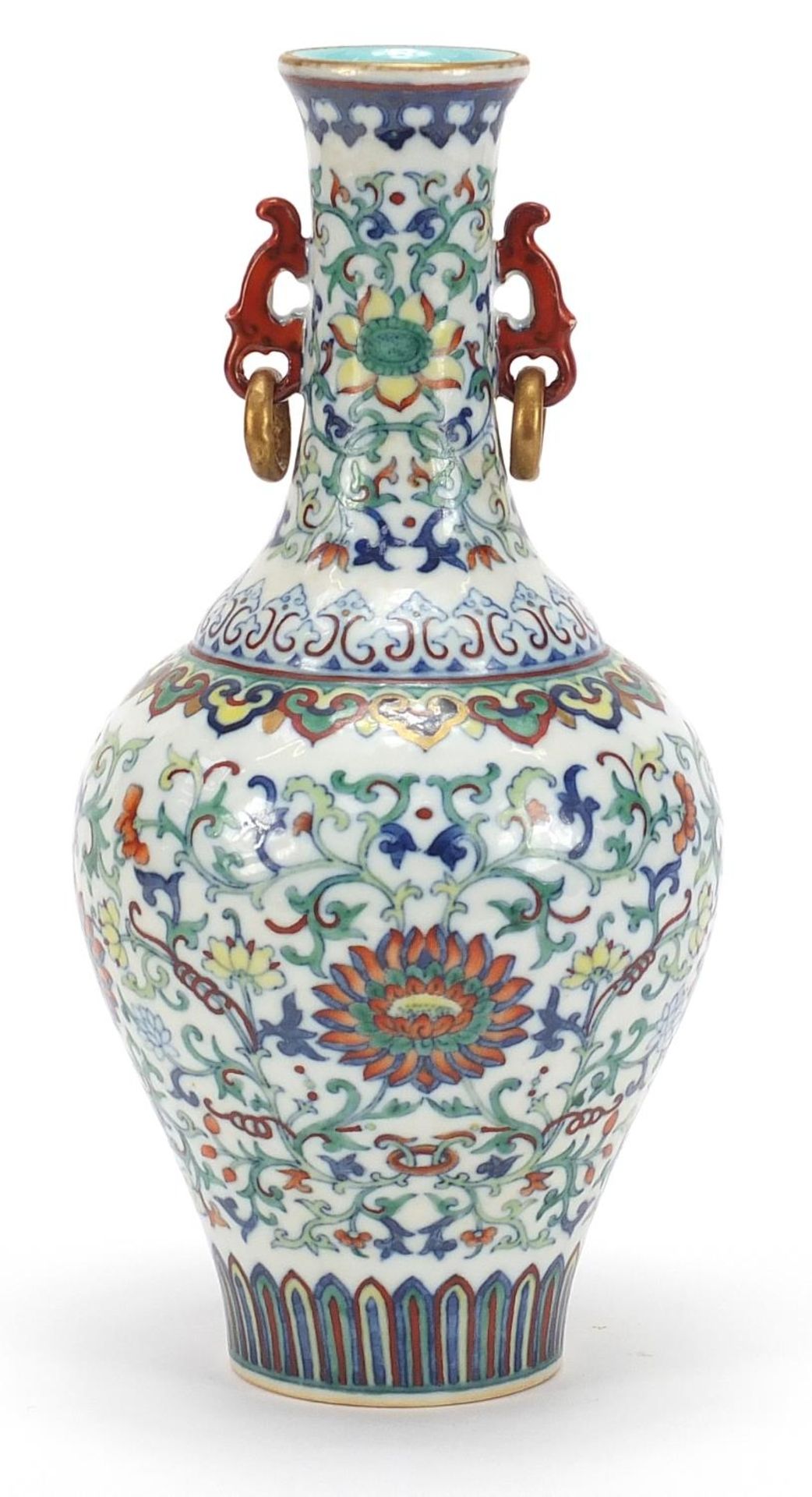 Good Chinese doucai porcelain vase with iron red ring turned handles, finely hand painted with
