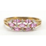 9ct gold ruby and diamond three row cluster ring, size R, 2.1g :For Further Condition Reports Please