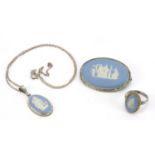 Silver mounted blue Wedgwood Jasperware brooch pendant and ring with boxes, the brooch 4.2cm wide :