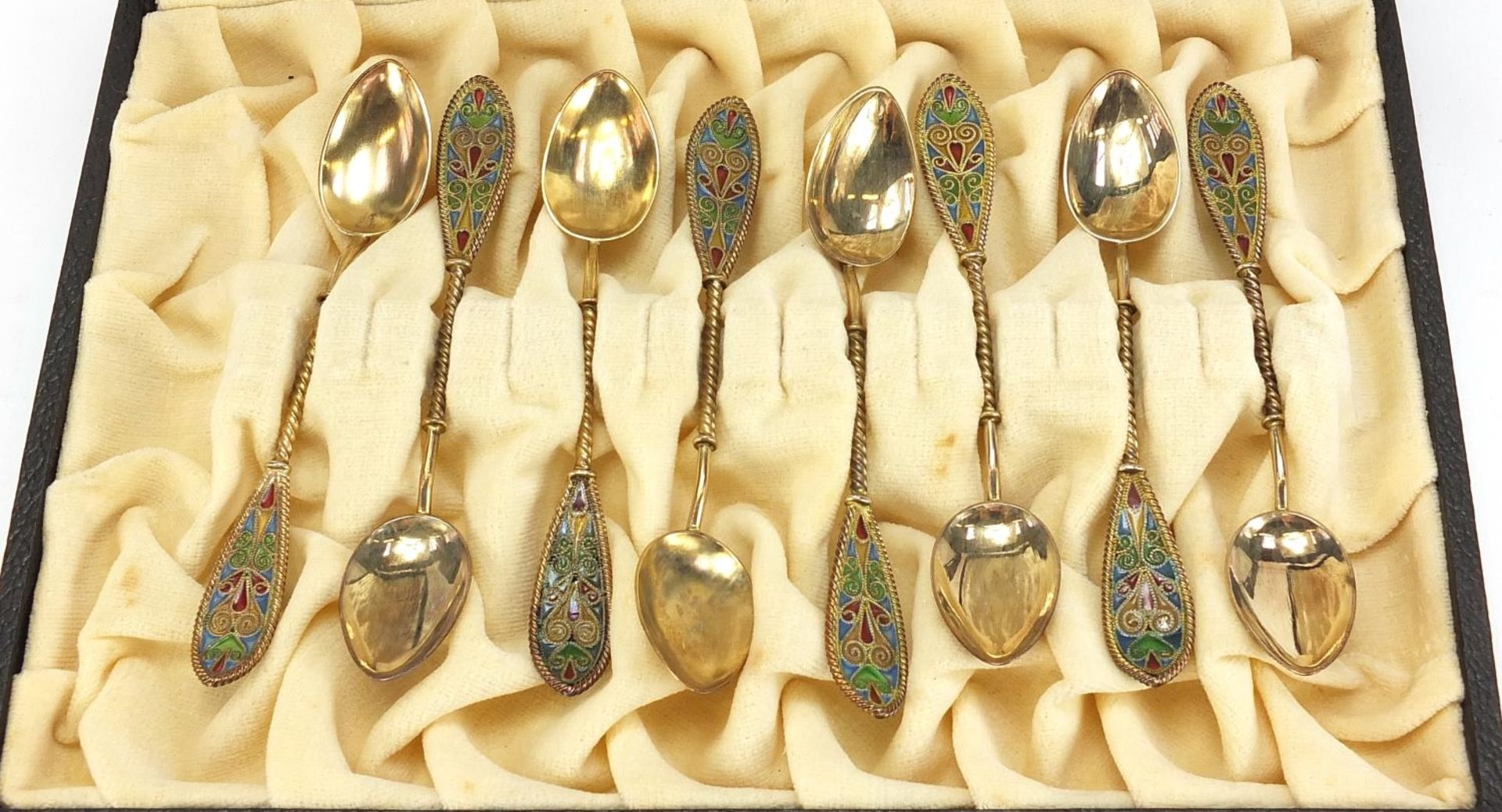 Johan G Kjaerland, set of eight Norwegian silver gilt and plique à jour enamel teaspoons housed in a - Image 3 of 11