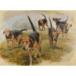 Sarah Aspinall - Hunting hounds, oil on board, mounted and framed, 91cm x 66.5cm excluding the mount