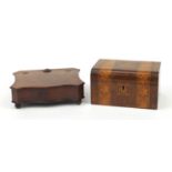 Two antique wooden boxes comprising an inlaid walnut workbox and a mahogany example with brass