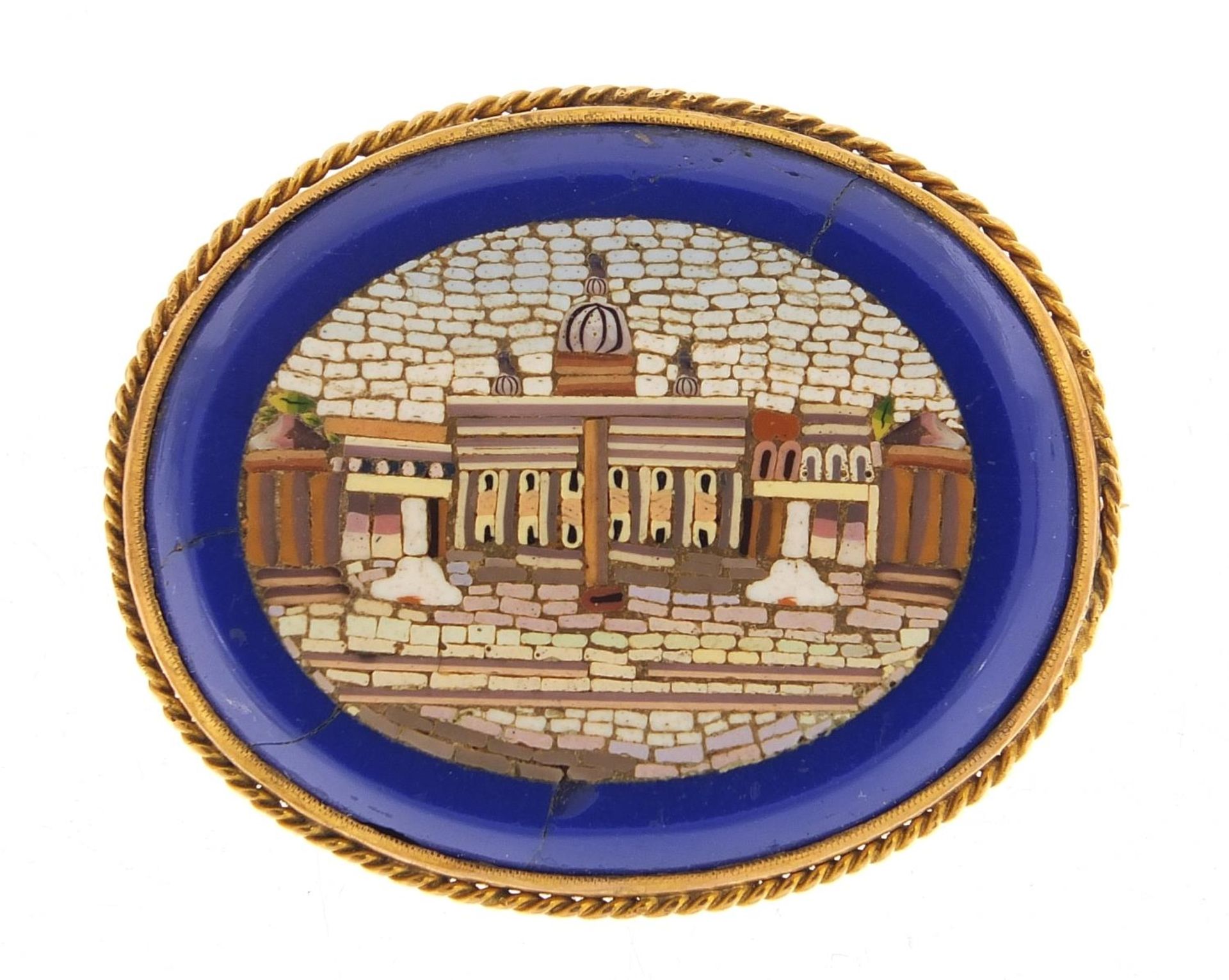 Antique gilt metal Italian micro mosaic brooch with a view of Vatican city, 4cm wide, 17.4g :For