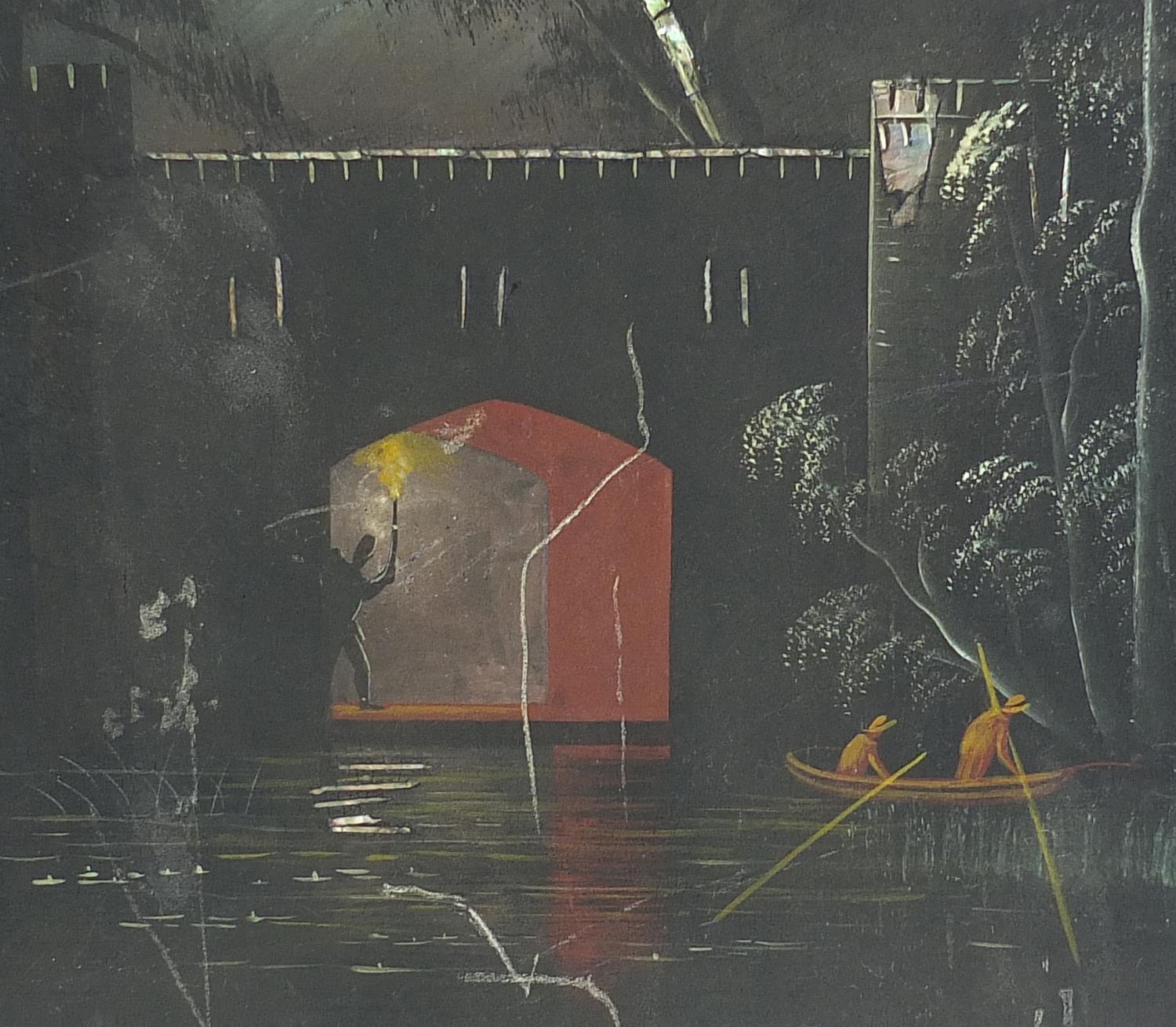 Victorian black lacquered folding screen hand painted with figures in a boat under a bridge, 60cm - Image 4 of 5