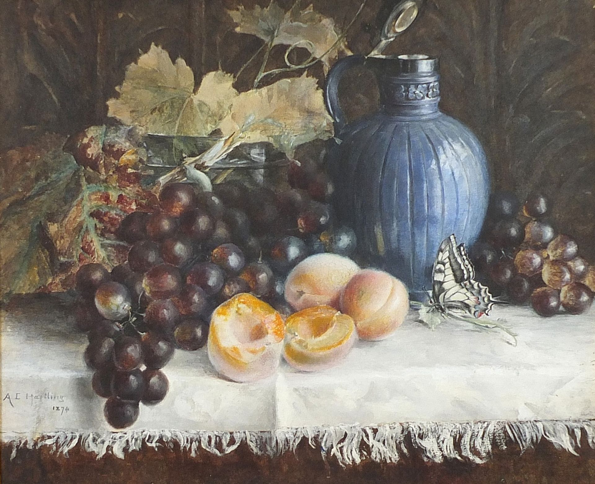 Annie E Hastling 1874 - Still life vessels and fruit, late 19th century tempera, mounted, framed and