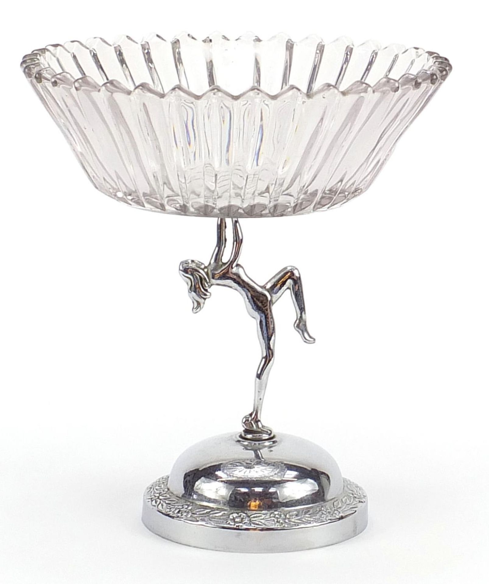 Art Deco chrome and glass centrepiece with nude female support, 25.5cm high x 23cm in diameter :