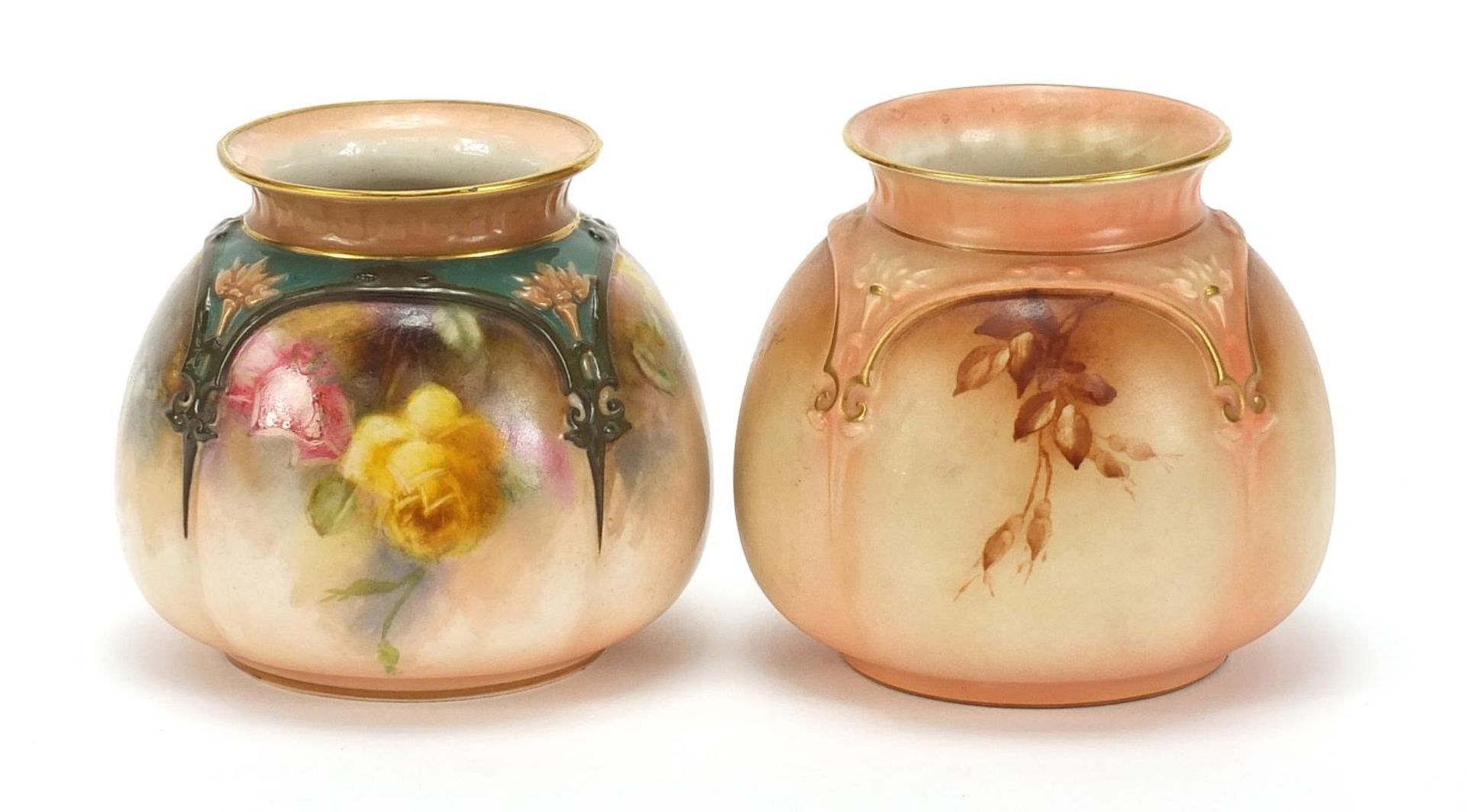 Two Hadley's Worcester blush ivory vases hand painted with flowers, each 8cm high :For Further - Image 2 of 5