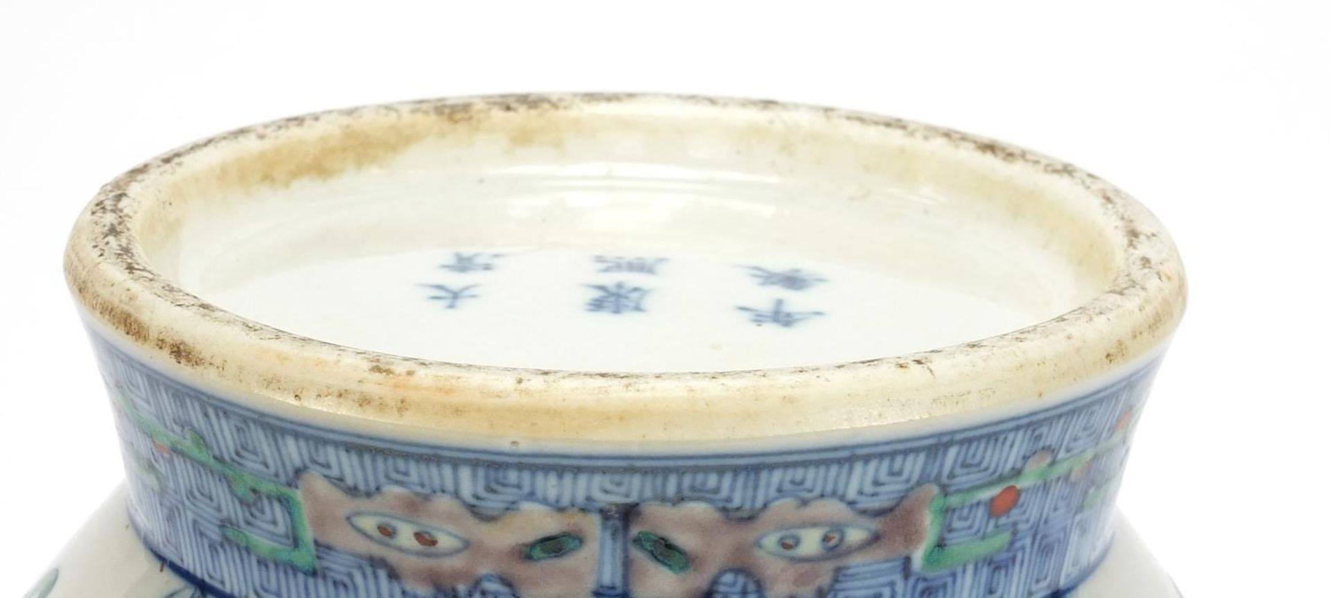 Chinese doucai porcelain vase with handles, hand painted with mythical faces and heads, six figure - Image 10 of 10