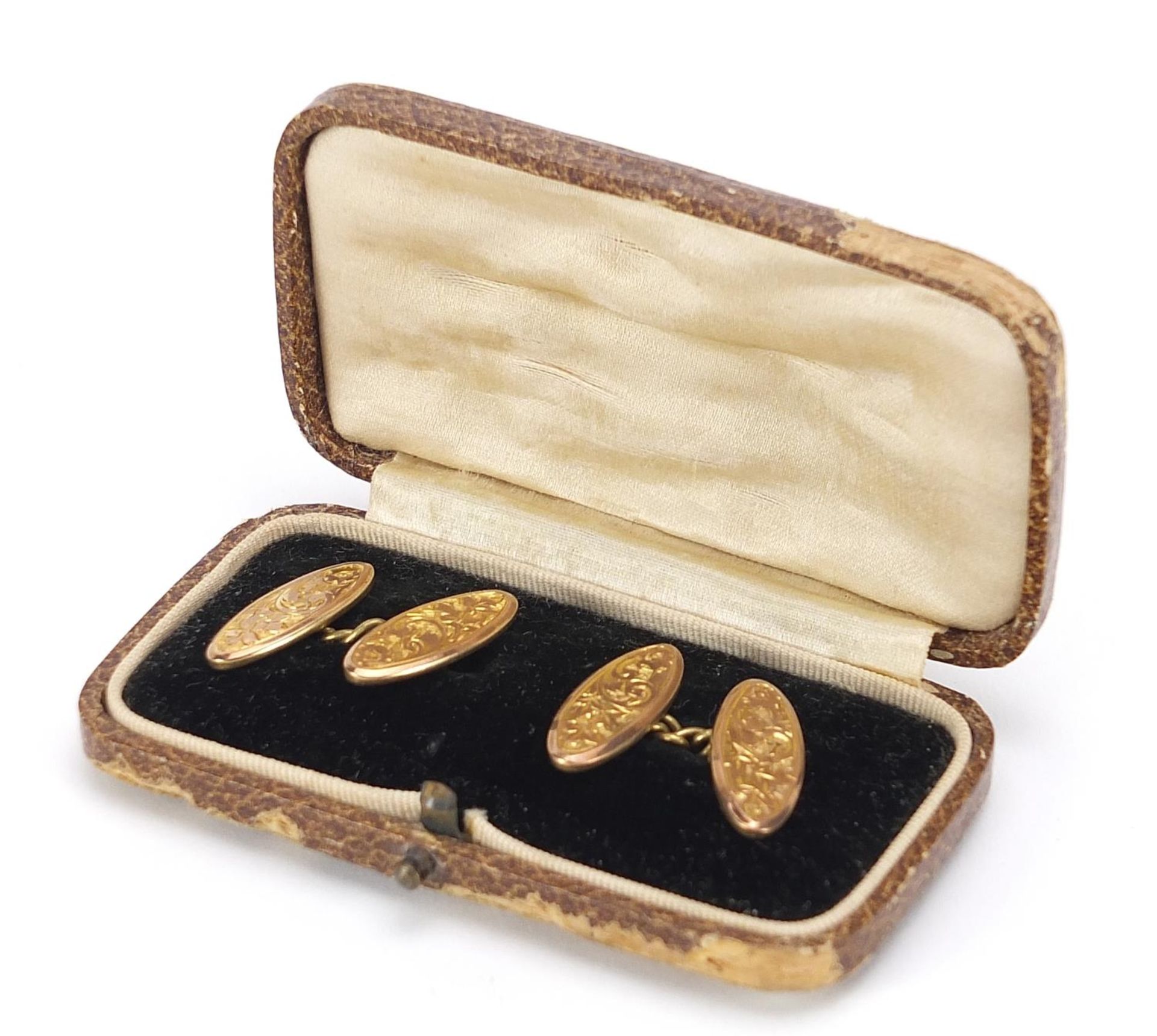 Pair of 9ct gold cufflinks with engraved decoration housed in a velvet and silk lined fitted box, - Image 3 of 5