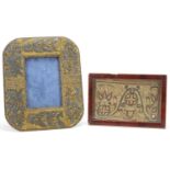 Antique bead work easel photo frame embroidered with flowers and a floral bead work panel housed