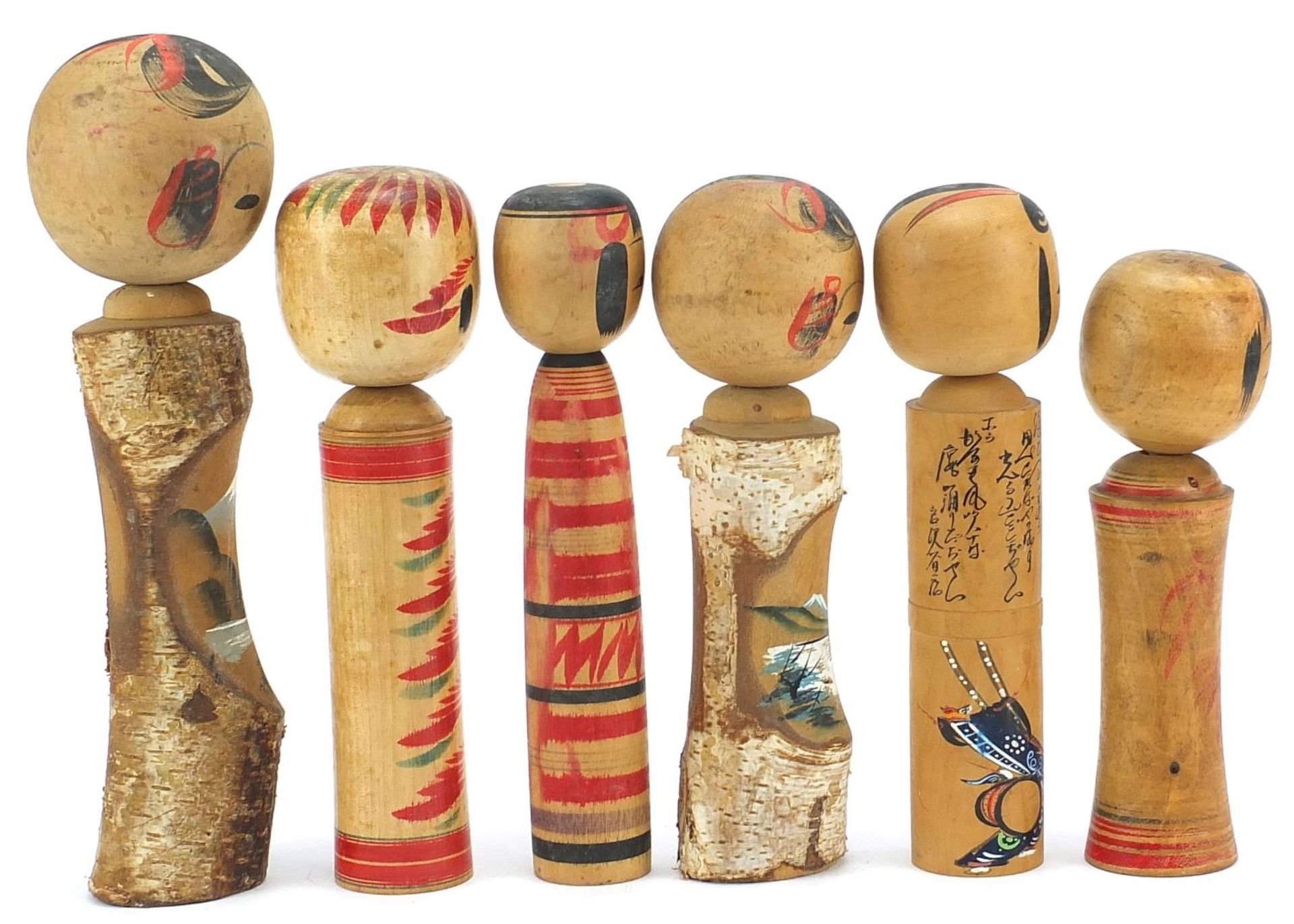 Six Japanese Kokeshi hand painted wood dolls, the largest 29cm high :For Further Condition Reports - Image 4 of 8