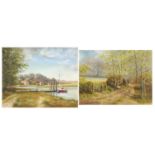 Nina Sexton - Moored at Fiddinghoe and Huntsmen in woodland, two oil on canvasses, the largest