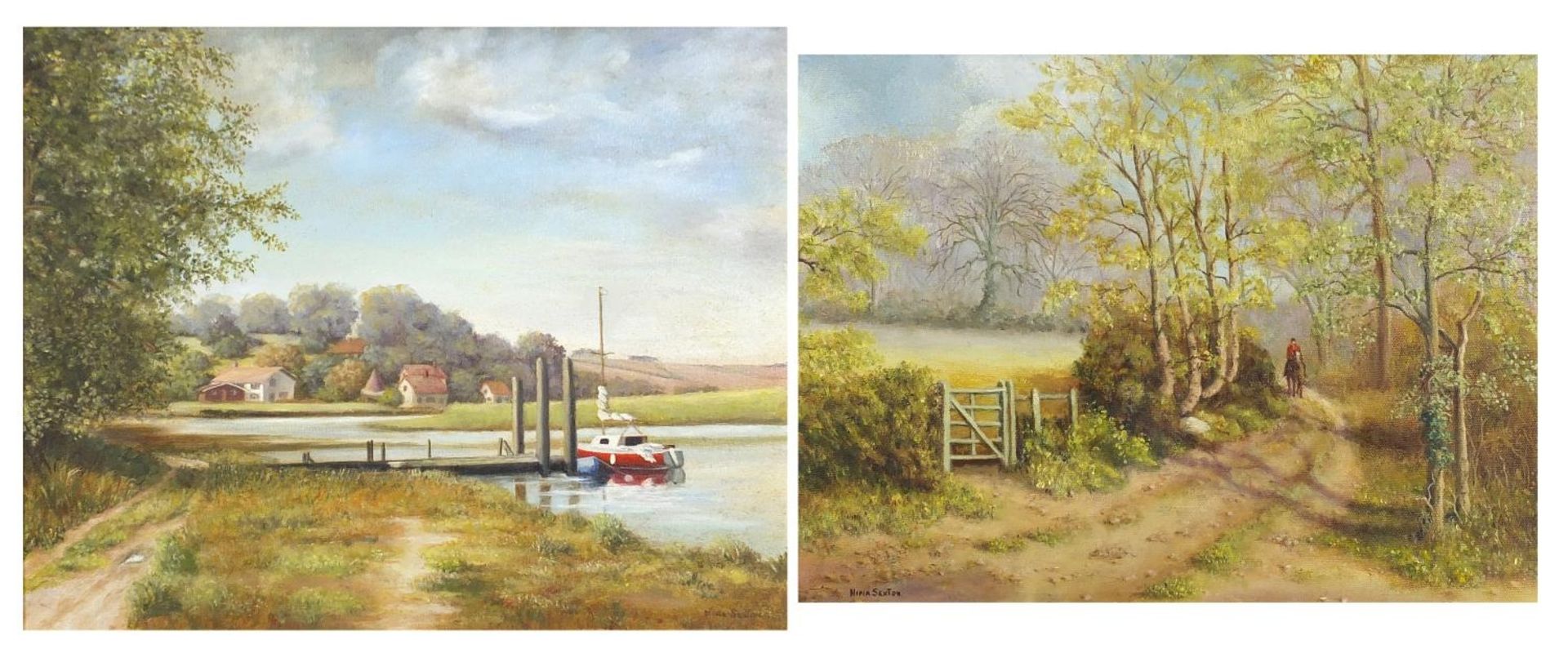 Nina Sexton - Moored at Fiddinghoe and Huntsmen in woodland, two oil on canvasses, the largest