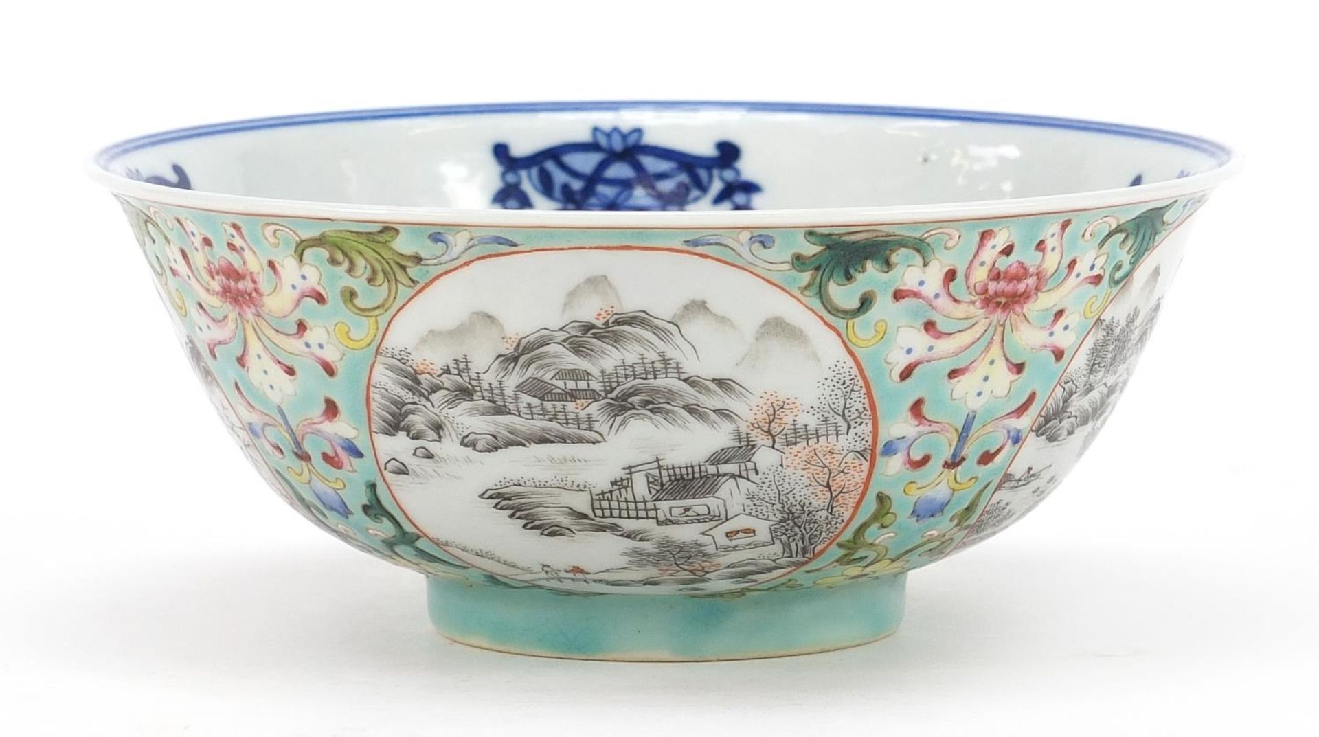 Chinese blue and white porcelain bowl with en grisaille landscape panels, hand painted in the - Image 3 of 8