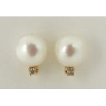 Pair of 14ct gold freshwater pearl and diamond stud earrings, 8mm high, 1.0g :For Further