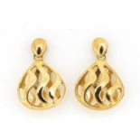 Pair of 9ct gold wavy drop earrings, 1.5cm high, 1.9g :For Further Condition Reports Please Visit