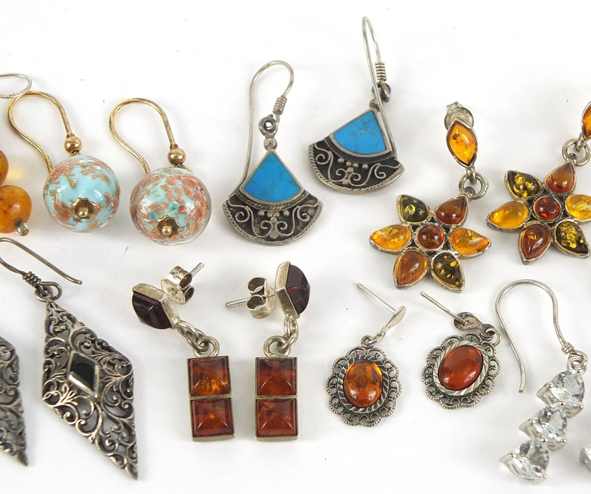 Ten pairs of earrings, some silver, set with semi precious stones including amber, moonstone and - Image 3 of 5