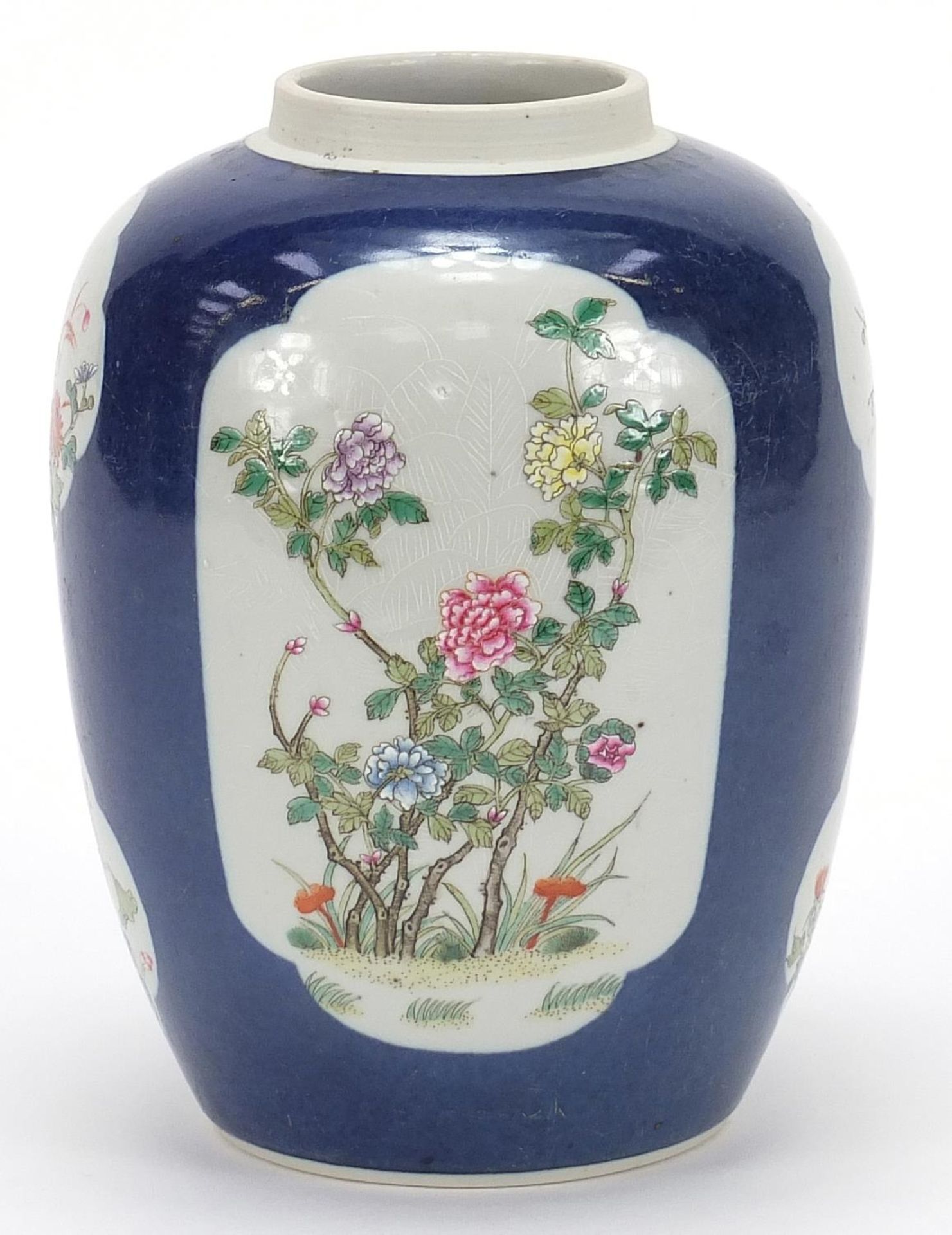 Chinese powder blue ground porcelain ginger jar hand painted in the famille rose palette with panels