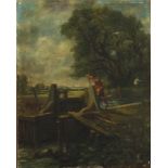 Figures at a lock before a landscape, oil, bearing a signature Joy, mounted, framed and glazed, 25cm