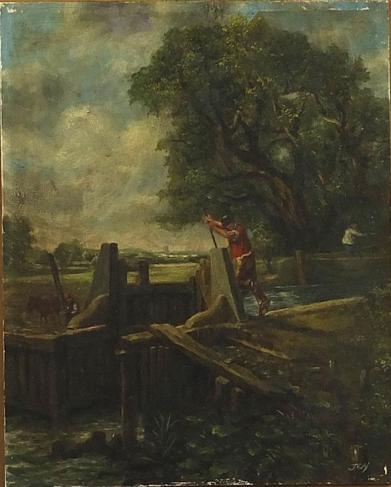 Figures at a lock before a landscape, oil, bearing a signature Joy, mounted, framed and glazed, 25cm