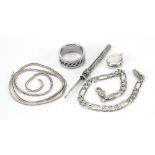 Silver and white metal jewellery and objects including a propelling tooth pick, oval locket and