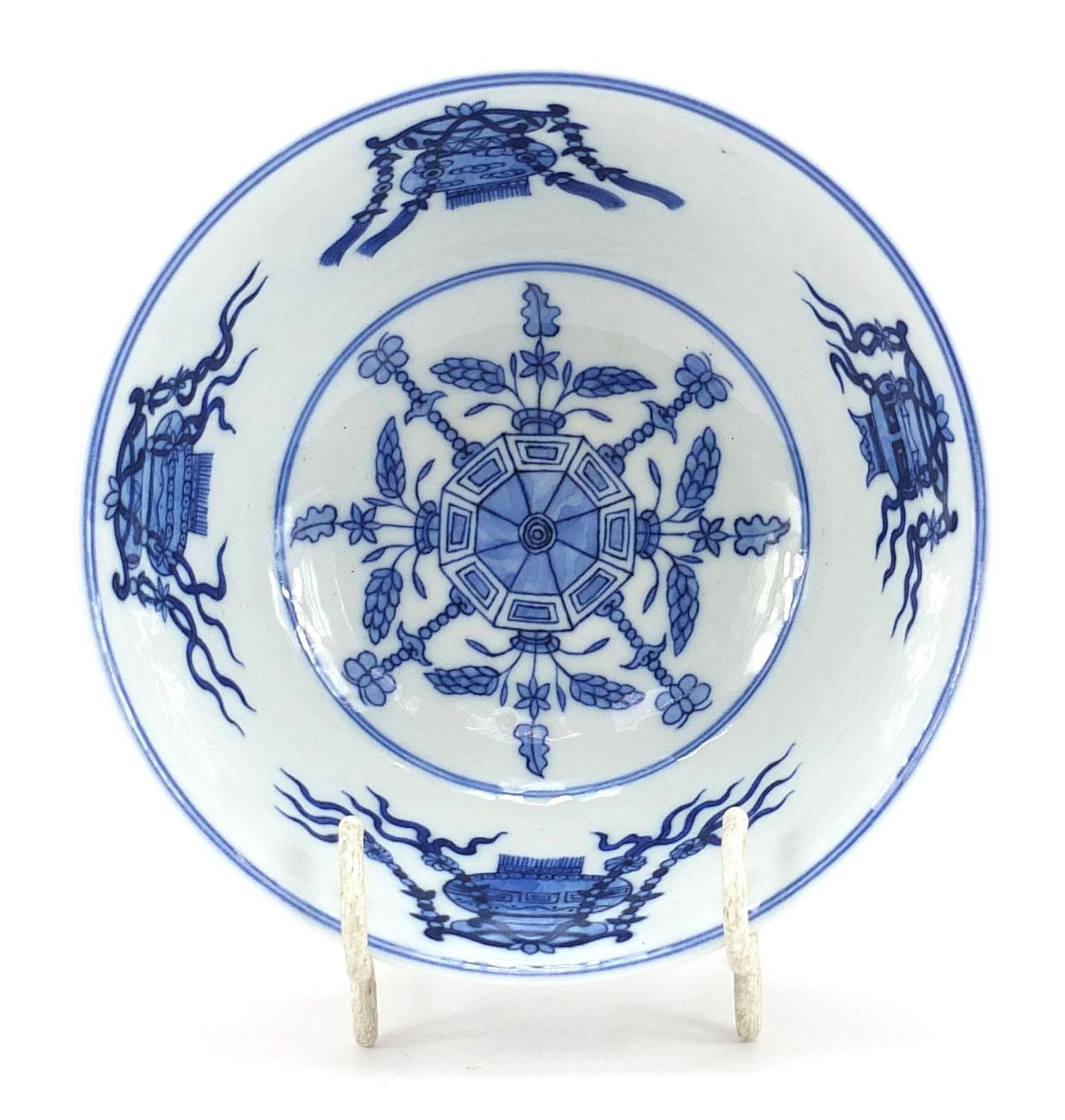 Chinese blue and white porcelain bowl with en grisaille landscape panels, hand painted in the - Image 5 of 8